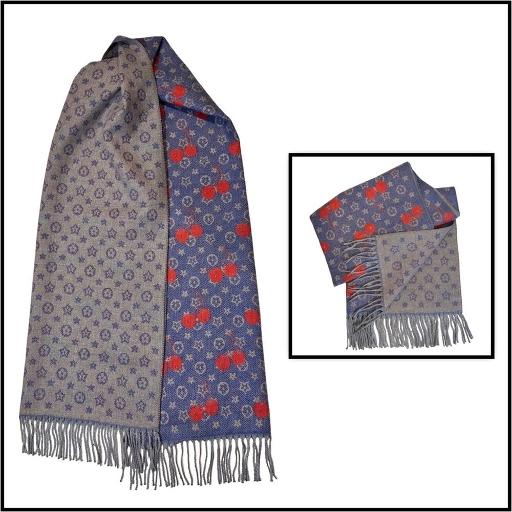 Cherry Pattern Cozy Blue & Red Scarf